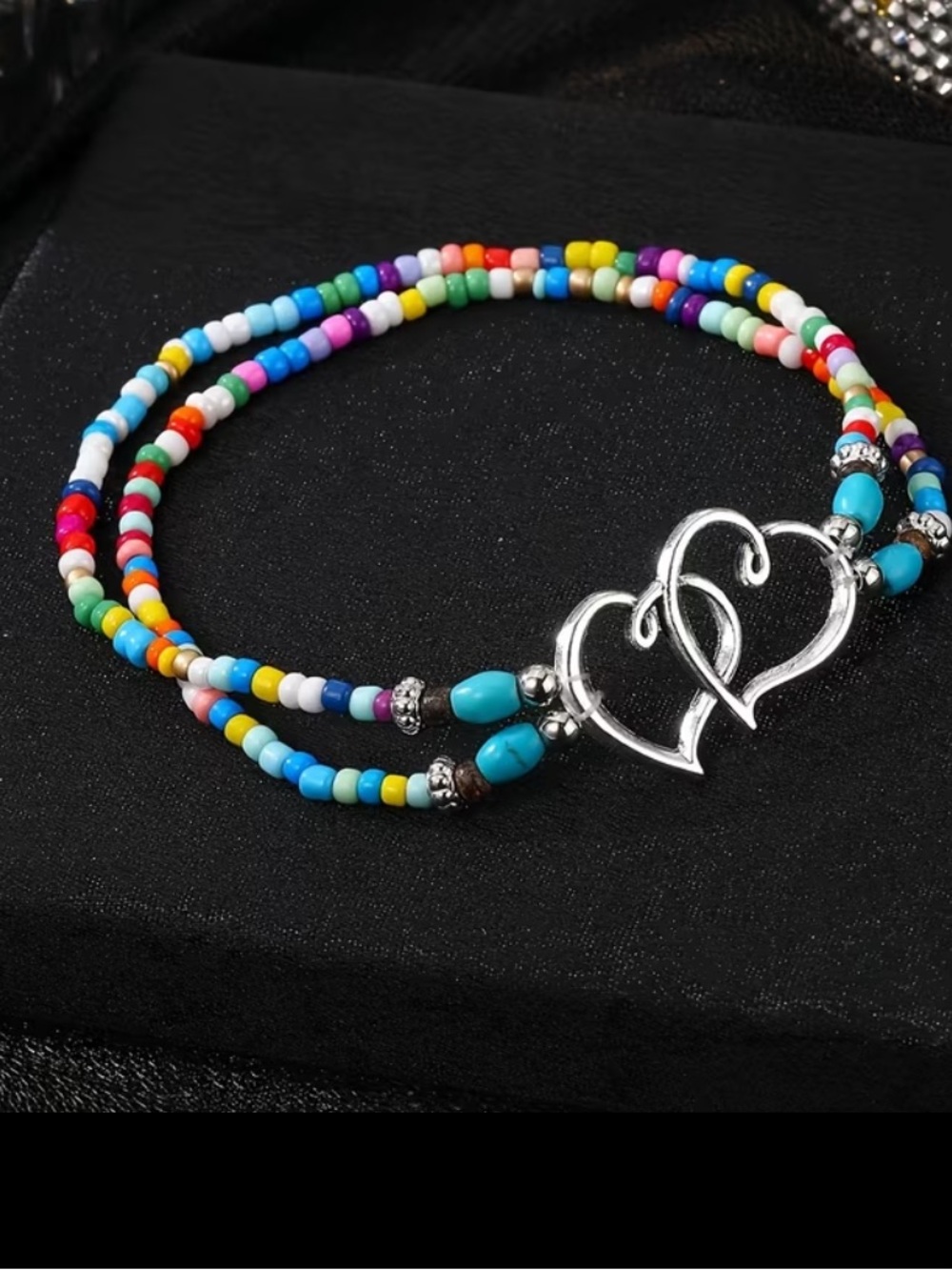 Multicolor Double Heart Beaded Anklet NEW